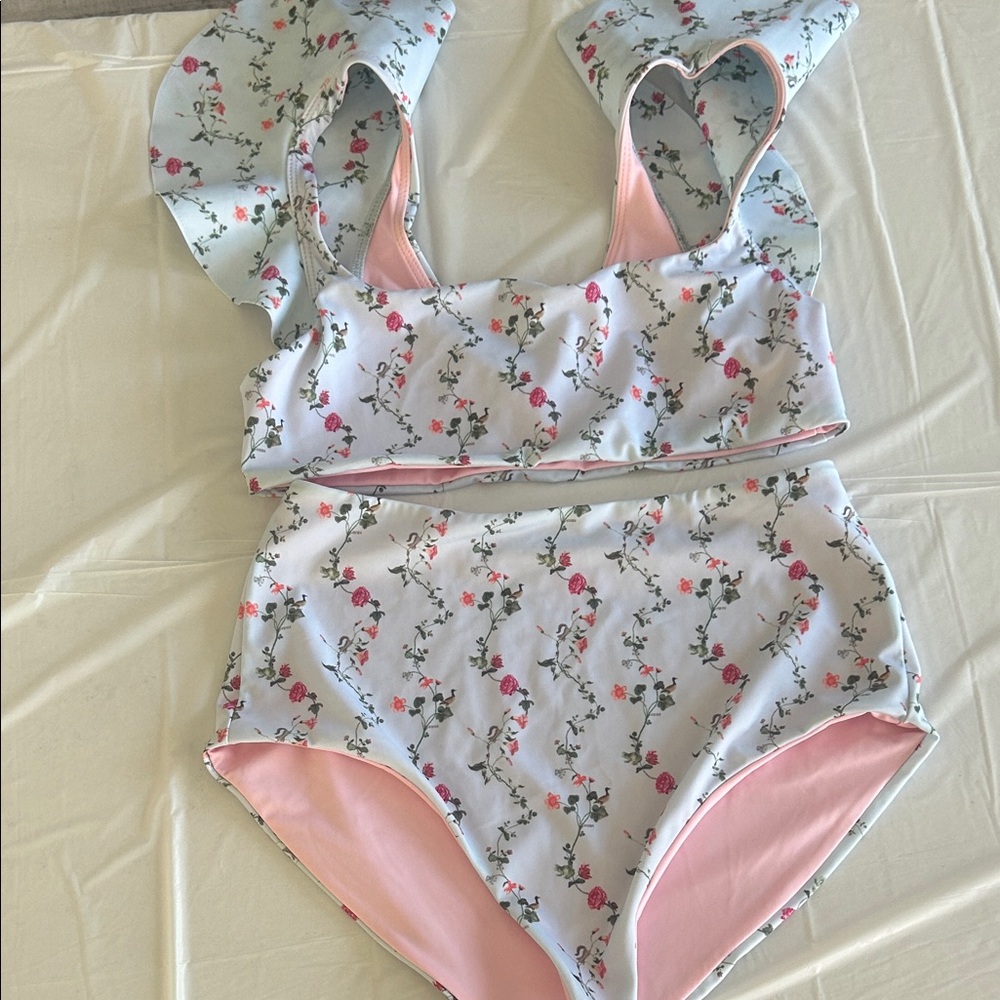 Hill House Floral Ruffle High-Waist Bikini in Light Blue and Pink